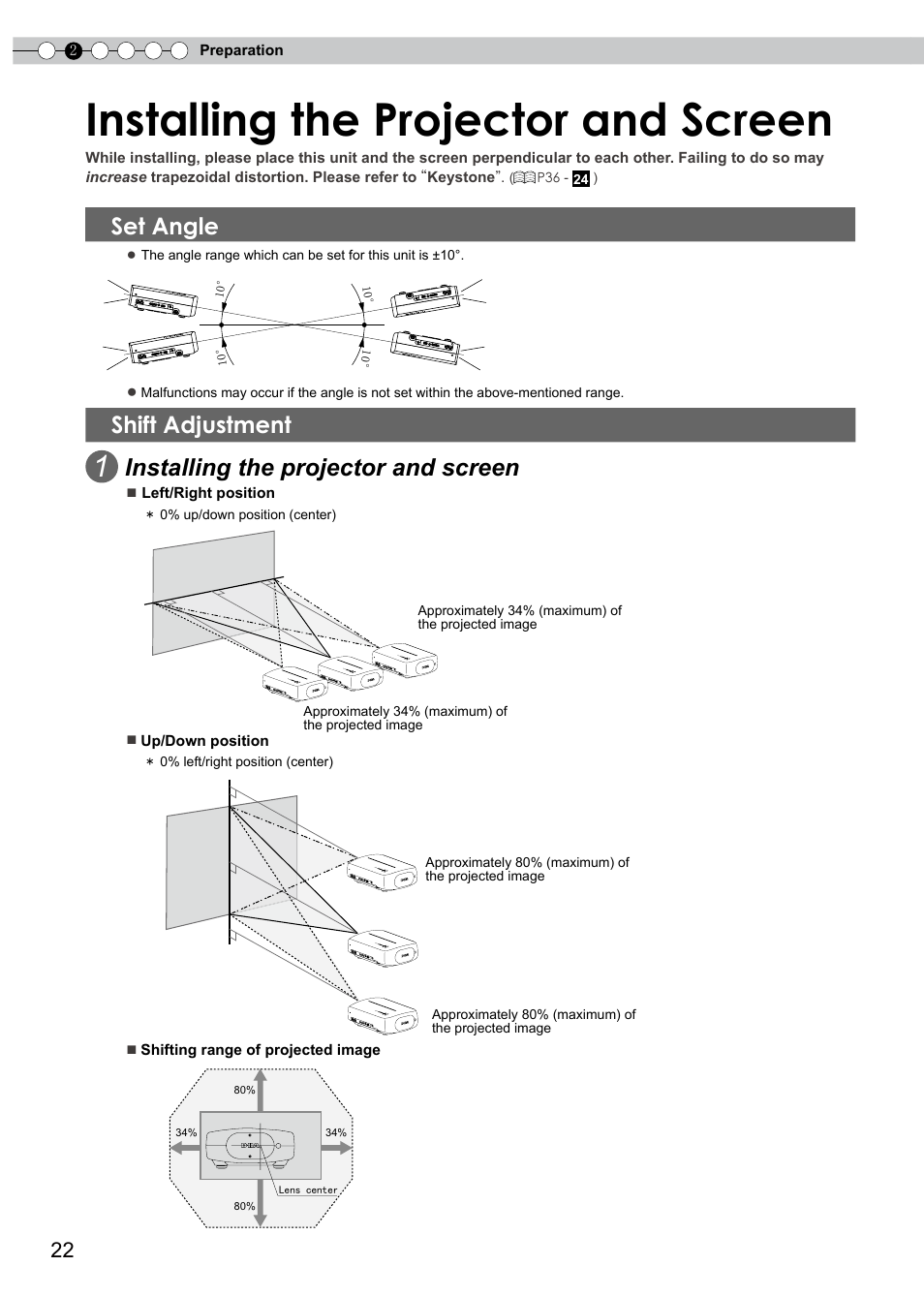 Installing the projector and screen, Set angle, Shift adjustment | Shift function | JVC D-ILA DLA-HD350 User Manual | Page 22 / 57