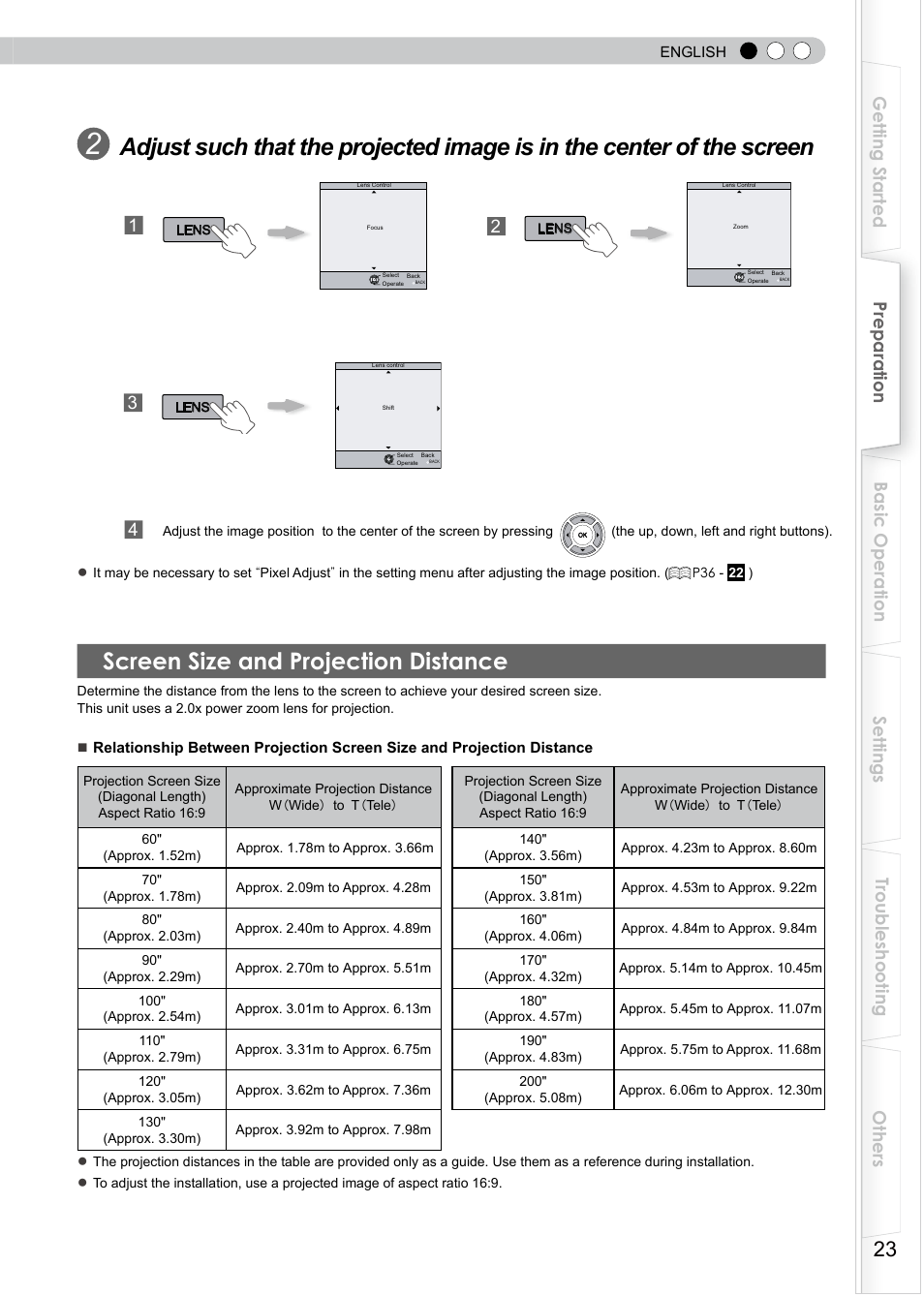 Screen size and projection distance | JVC D-ILA DLA-HD350 User Manual | Page 23 / 57