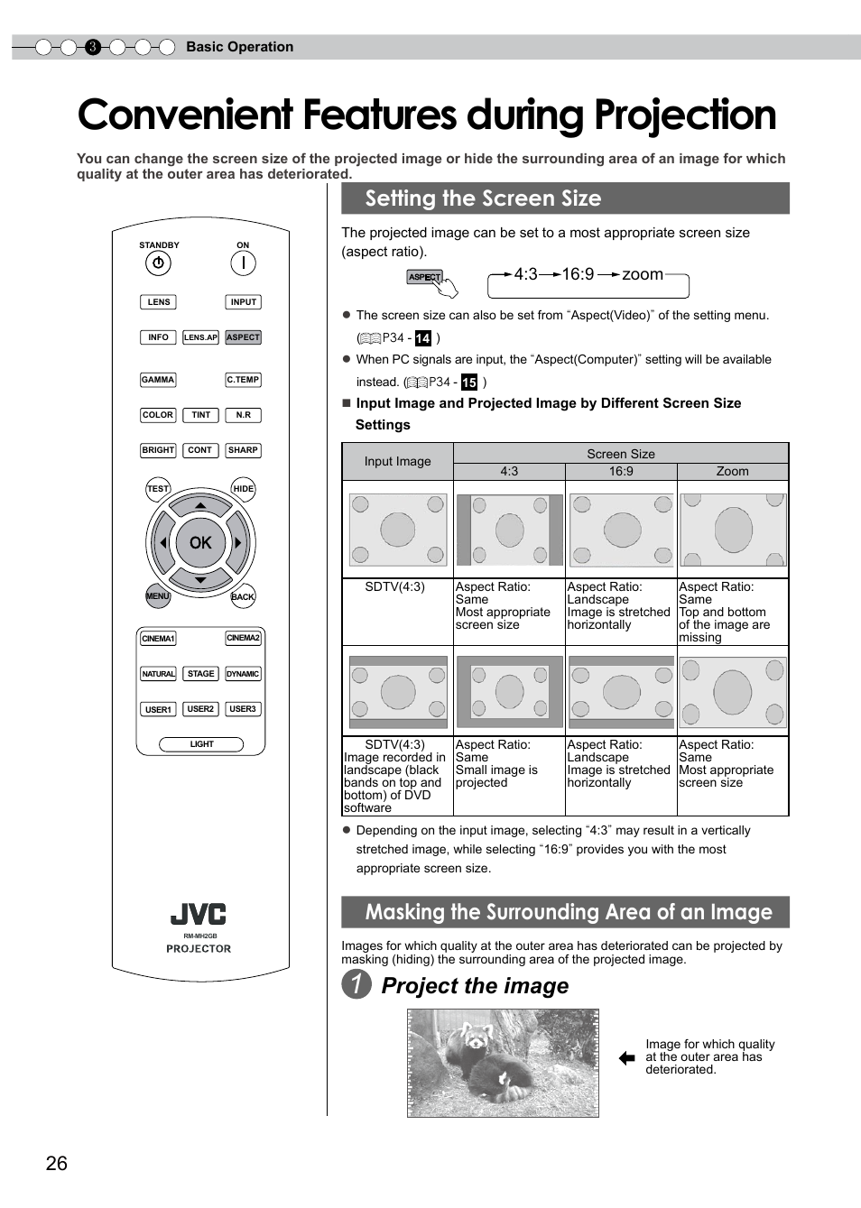 Convenient features during projection, Setting the screen size, Masking the surrounding area of an image | O set the screen size, Project the image, 3 16:9 zoom | JVC D-ILA DLA-HD350 User Manual | Page 26 / 57