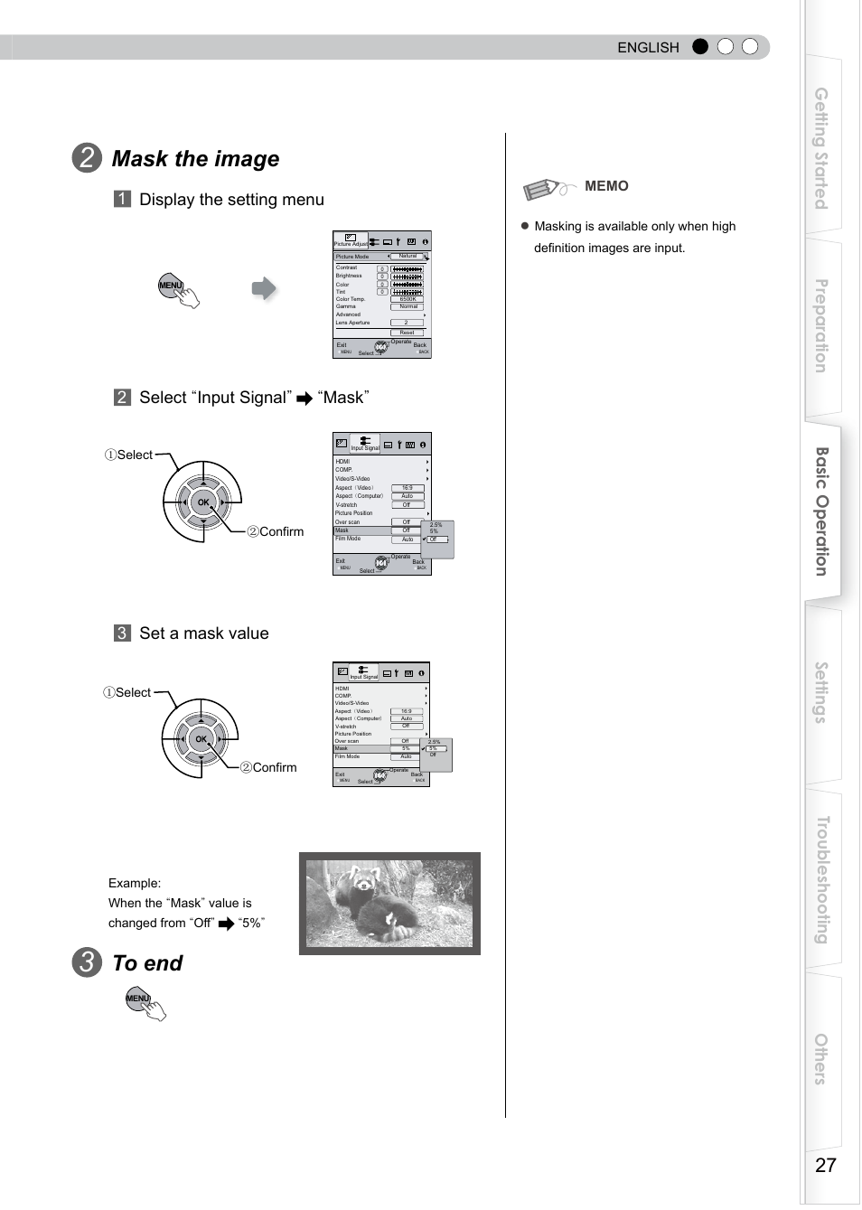 Mask the image, 1 display the setting menu  select “input signal, Mask | Set a mask value, English, Select ② confirm ① select ② confirm | JVC D-ILA DLA-HD350 User Manual | Page 27 / 57