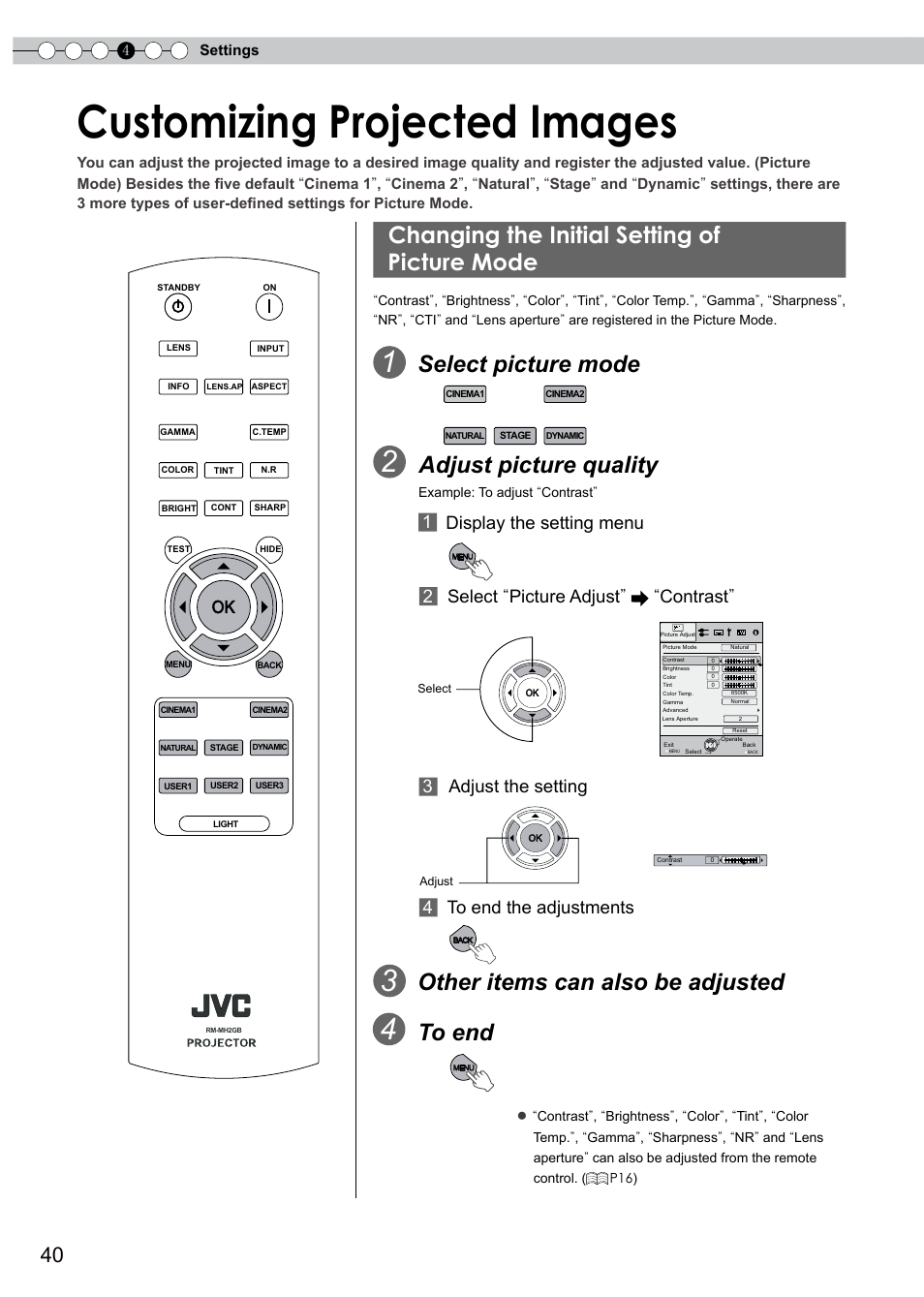 Customizing projected images, Changing the initial setting of picture mode, Changing the initial setting of picture mode .40 | O set gamma, O adjust color density, O adjust brightness, O adjust sharpness, O adjust contrast, O adjust color temperature, O switch picture mode | JVC D-ILA DLA-HD350 User Manual | Page 40 / 57