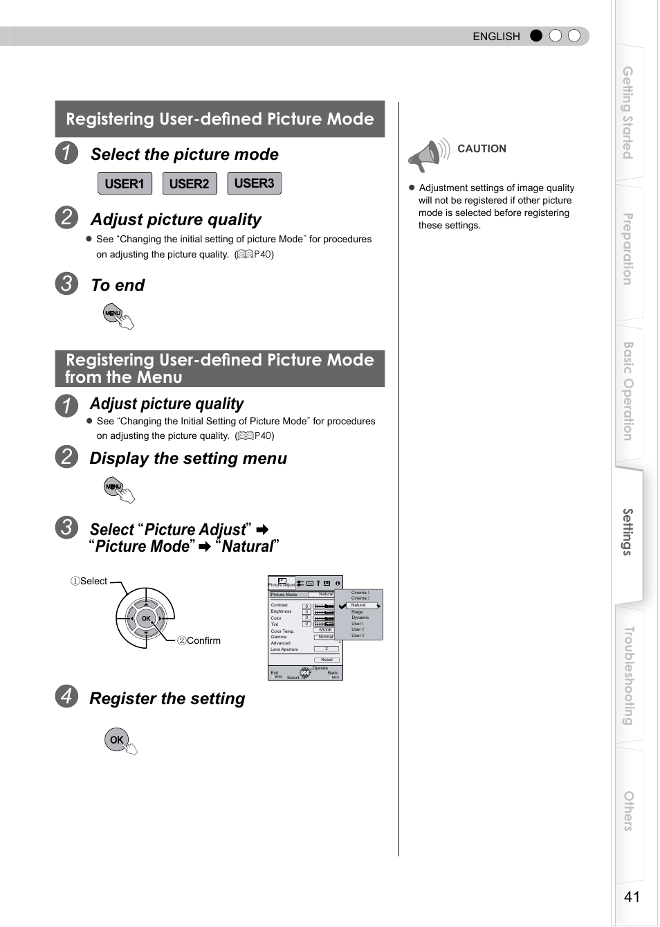 Registering user-defined picture mode, Select the picture mode, Adjust picture quality | Display the setting menu, Register the setting | JVC D-ILA DLA-HD350 User Manual | Page 41 / 57