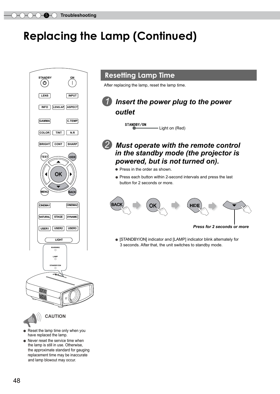 Resetting lamp time, Replacing the lamp (continued), Insert the power plug to the power outlet | JVC D-ILA DLA-HD350 User Manual | Page 48 / 57