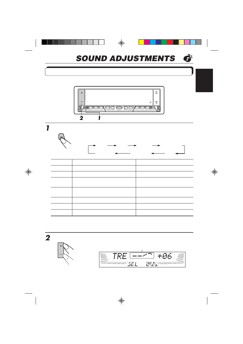 Sound adjustments, Adjusting the sound, Select the item you want to adjust | Adjust the level | JVC KD-LX50R User Manual | Page 25 / 80
