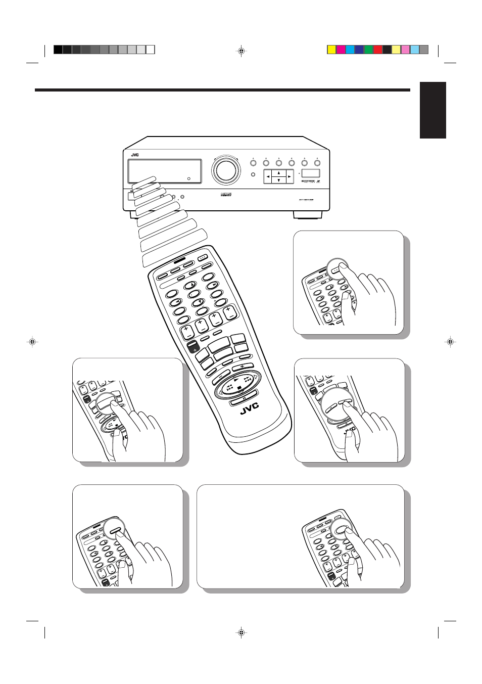 Set the remote control to sound operation mode, Select the source, Adjust the volume | Turn on the, Power, English | JVC RX-665VBK User Manual | Page 7 / 54