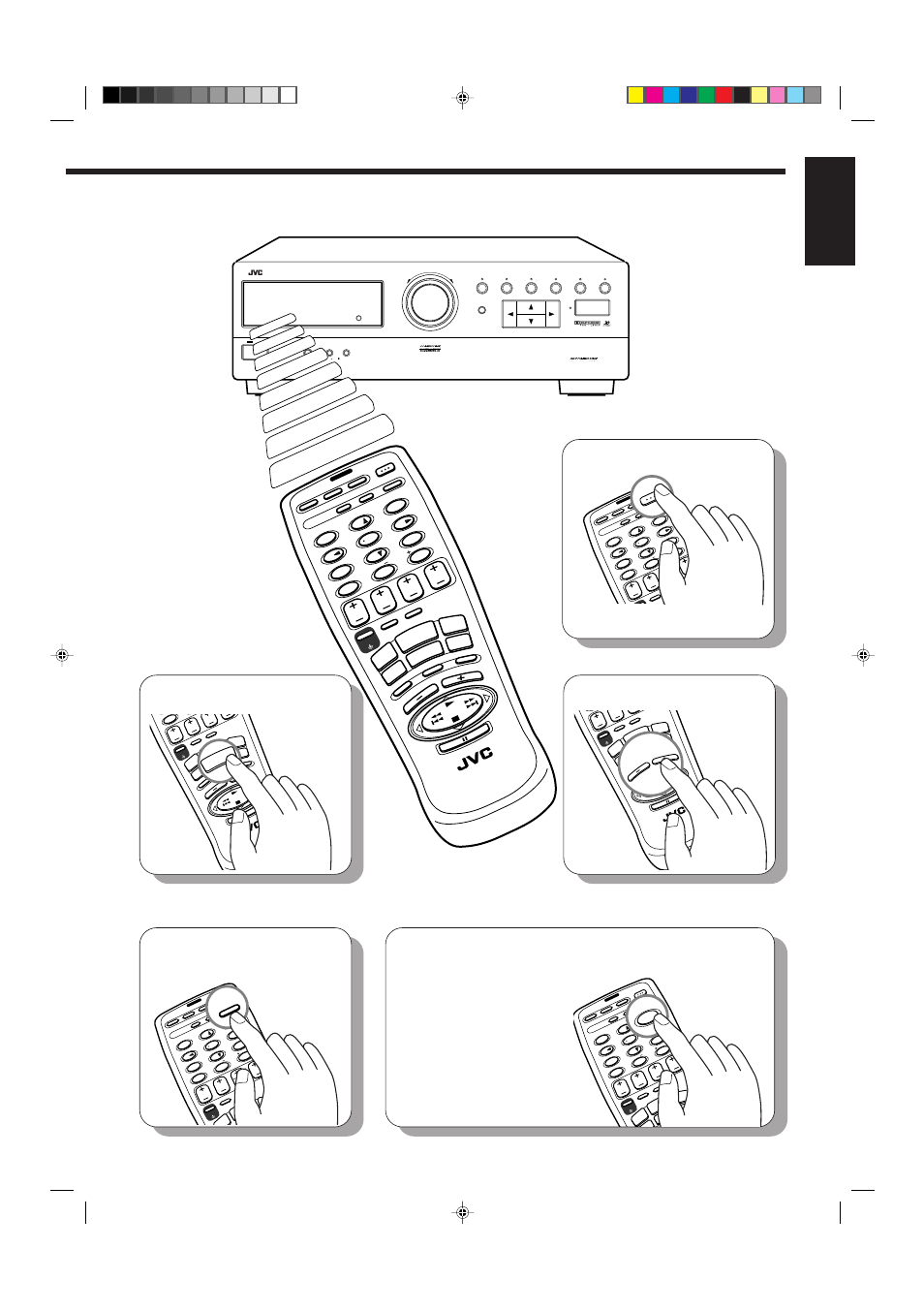 Select the source, Adjust the volume, Turn on the | Power, Set the remote control to sound operation mode, English | JVC RX-665VBK User Manual | Page 9 / 54