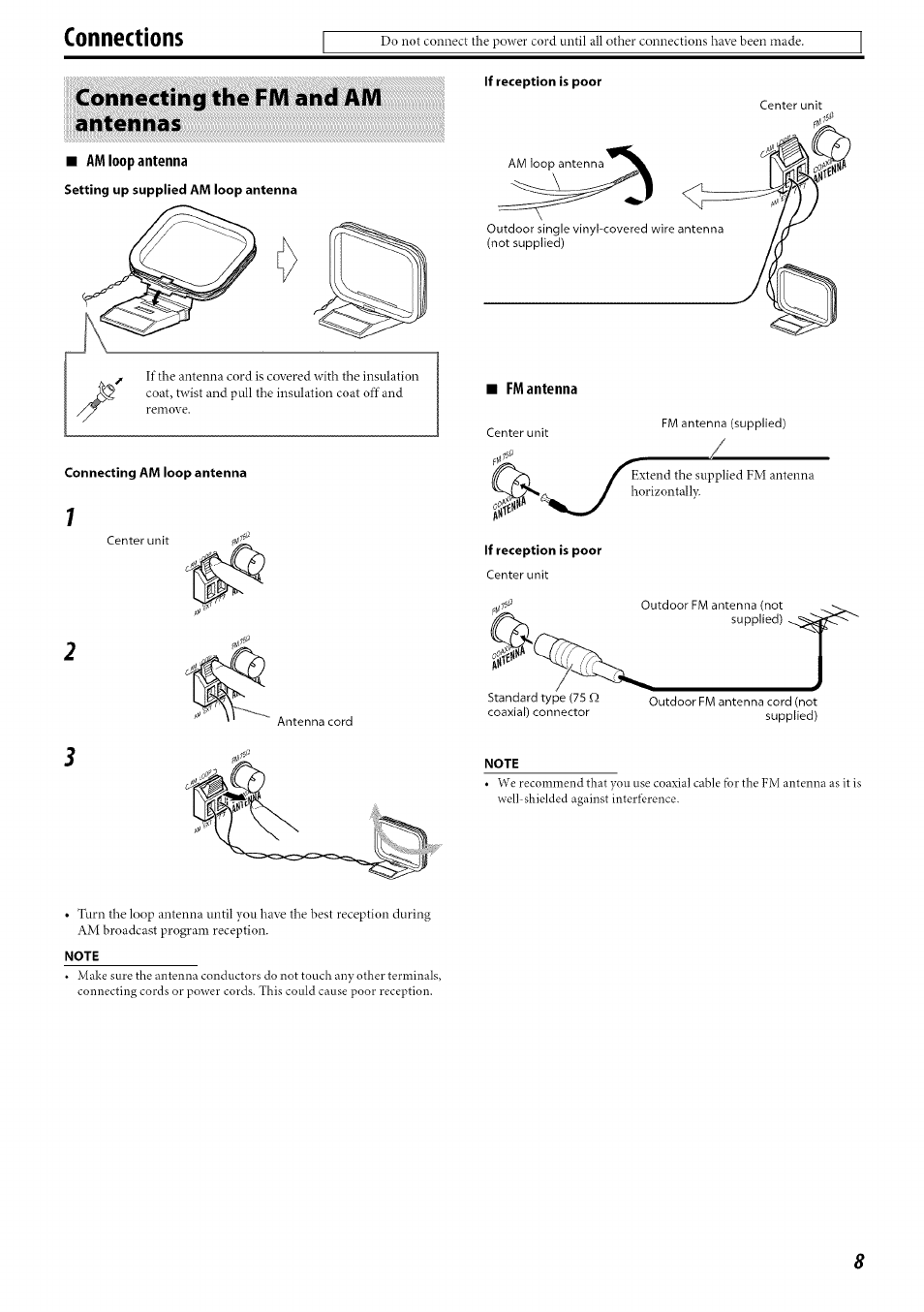 Connecting the ffvi and afvl antennas, Am loop antenna, Setting up supplied am loop antenna | Connecting am loop antenna, Fm antenna, If reception is poor, Note, Connecting the fm and am antennas, Connections | JVC SP-PWC60 User Manual | Page 11 / 48