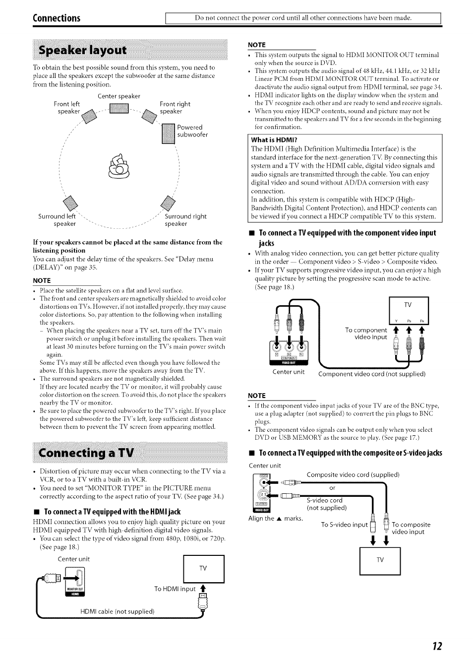 Speaker layout, Note, Connecting a tv | To connecta tv equipped with the hdmi jack, Speaker layout connecting a tv | JVC SP-PWC60 User Manual | Page 15 / 48