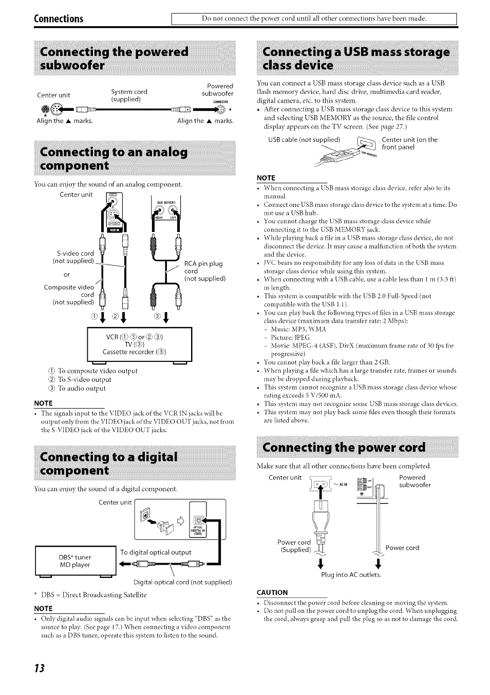 Connecting the powered subwoofer, Connecting to an analog component, Note | Connecting to a digital component, Connecting a usb mass storage class device, Connecting the power cord, Caution, Connections | JVC SP-PWC60 User Manual | Page 16 / 48