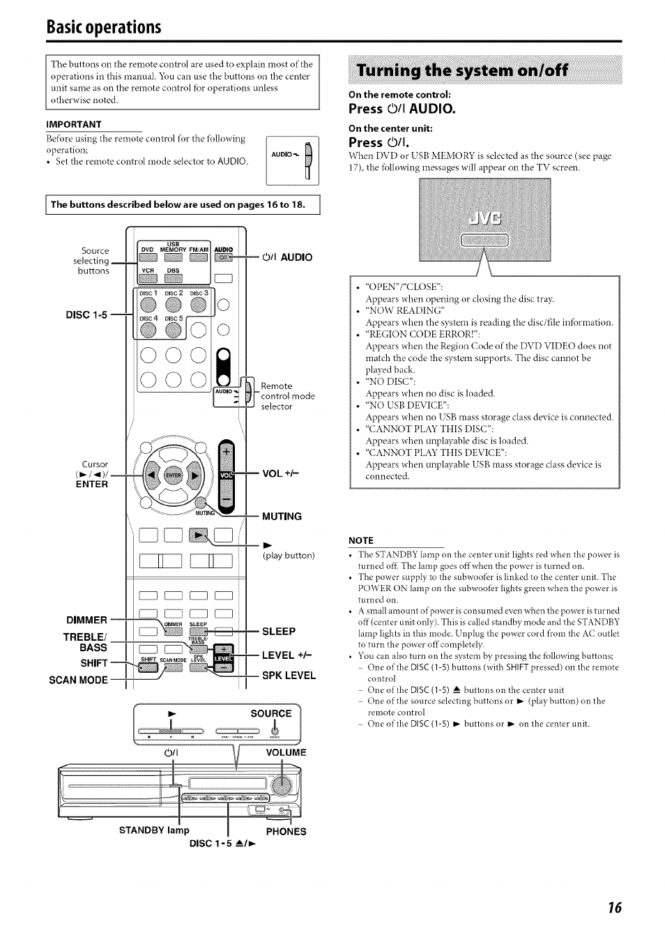 Basic operations, Turning the system on/off, On the remote control | Press 0/1 audio, On the center unit, Press 0/1, Note, Audio, Press 0, Illiiji | JVC SP-PWC60 User Manual | Page 19 / 48