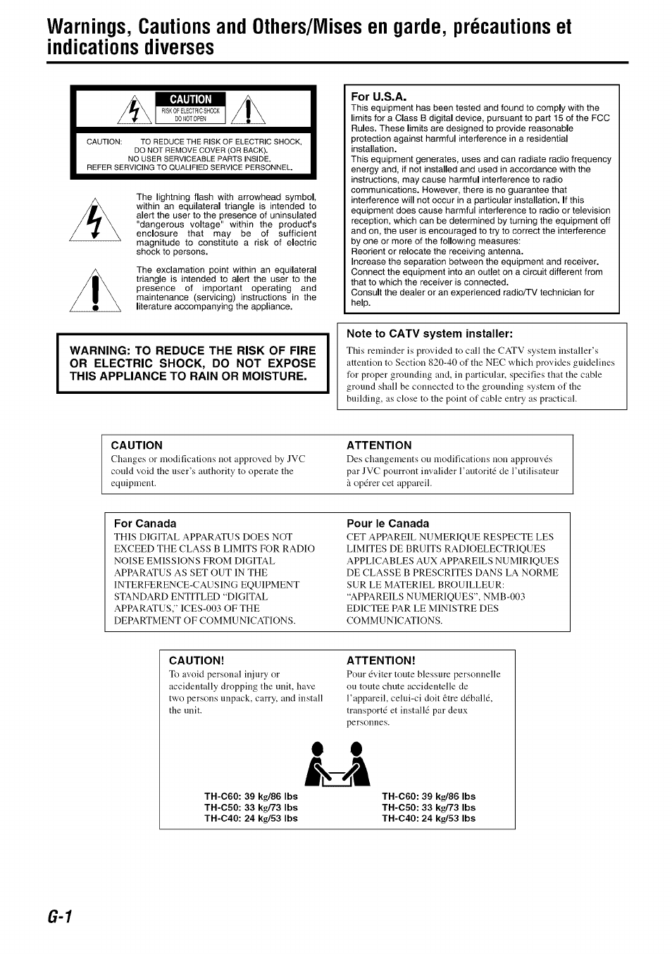 Caution, For u.s.a, Note to catv system installer | JVC SP-PWC60 User Manual | Page 2 / 48
