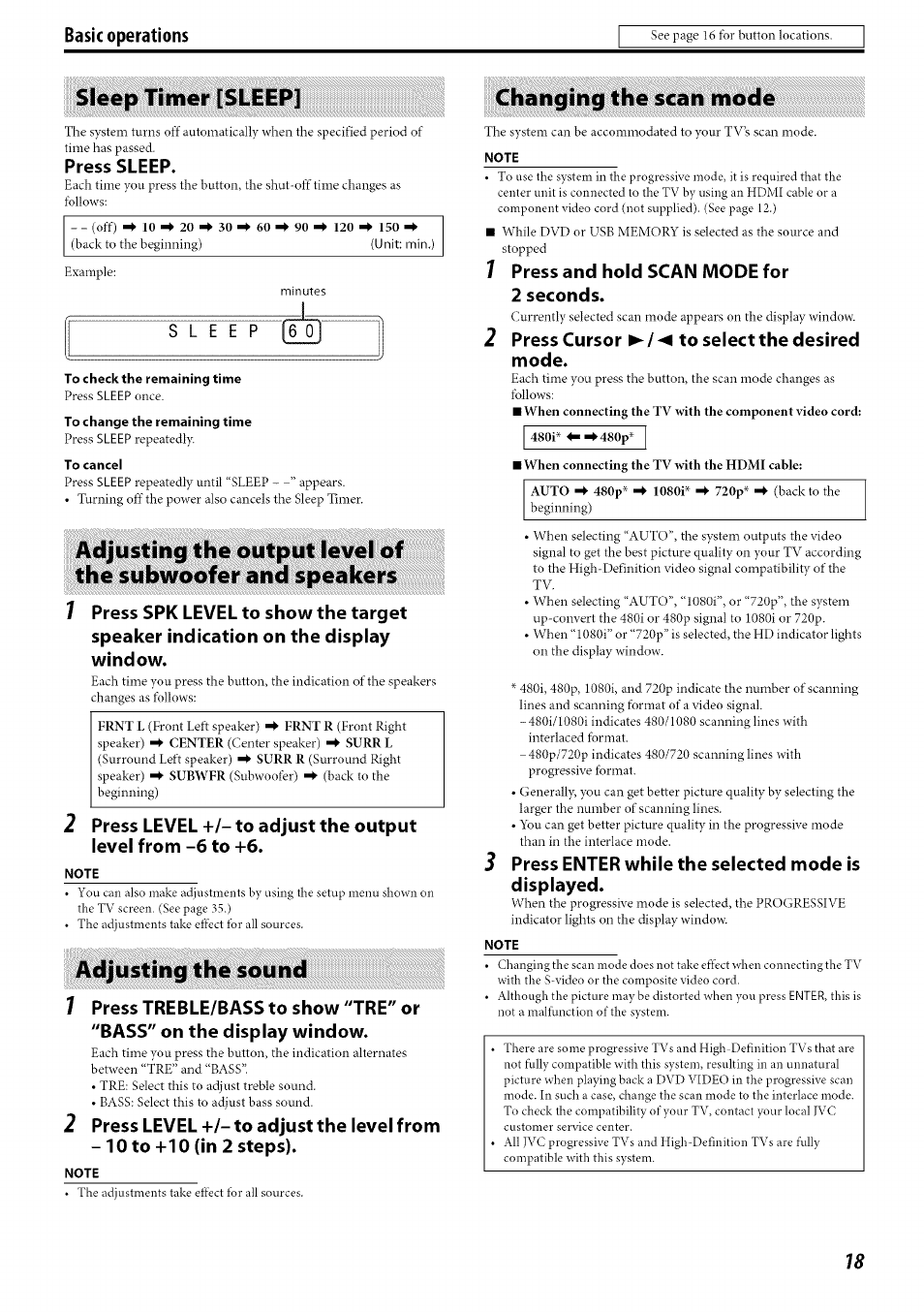 Sleep timer [sleep, Adjusting the sound, Changing the scan mode | Press sleep, Press level, Press and hold scan mode for 2 seconds, Press cursor ► / ◄ to select the desired mode, Press enter while the selected mode is displayed | JVC SP-PWC60 User Manual | Page 21 / 48