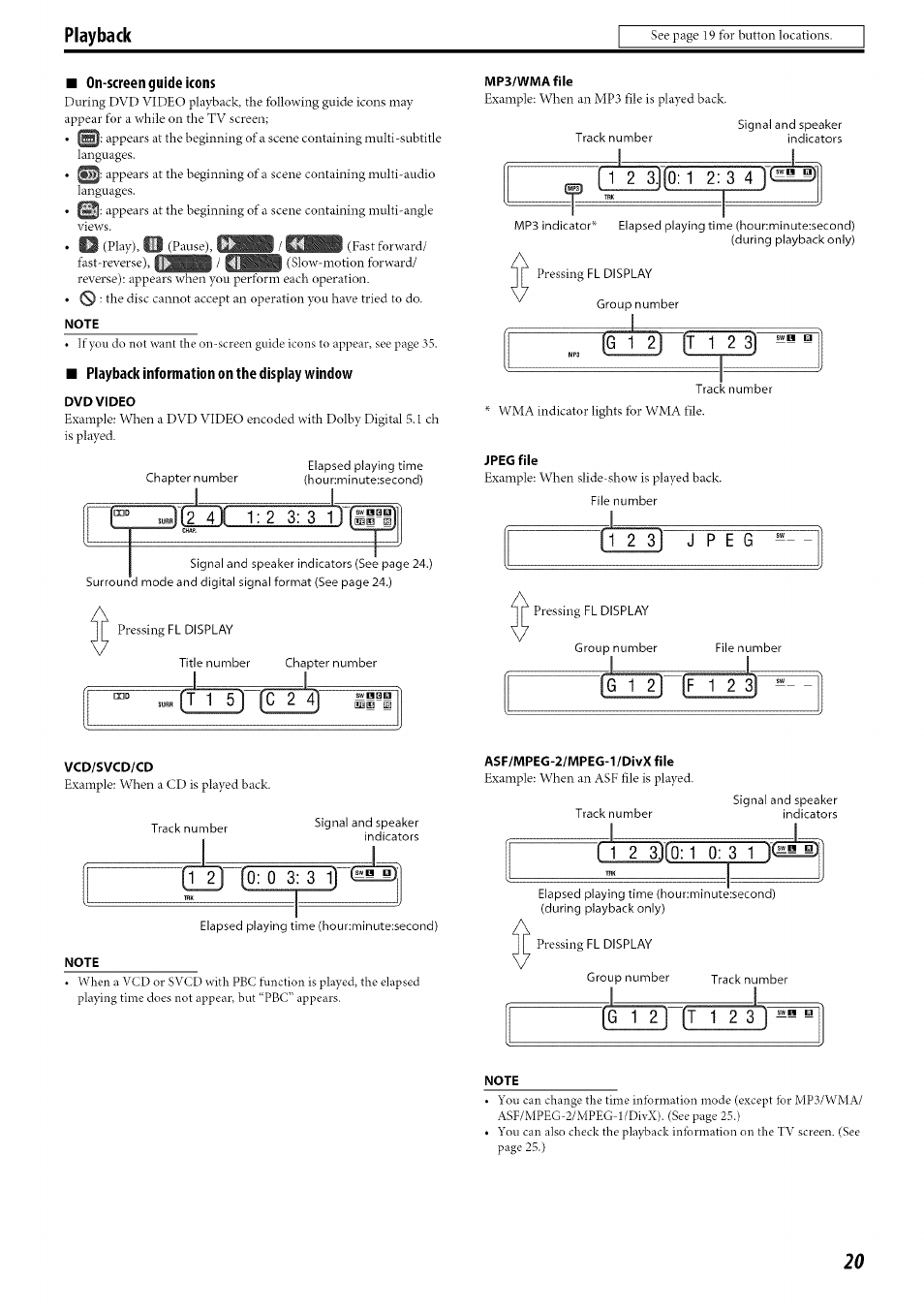 On-screen guide icons, Note, Playback information on the display window | Dvd video, Vcd/svcd/cd, Mp3/wmafile, Asf/mpeg-2/mpeg-1/divxfile, Sjl2, Tti ftt4, Playback | JVC SP-PWC60 User Manual | Page 23 / 48