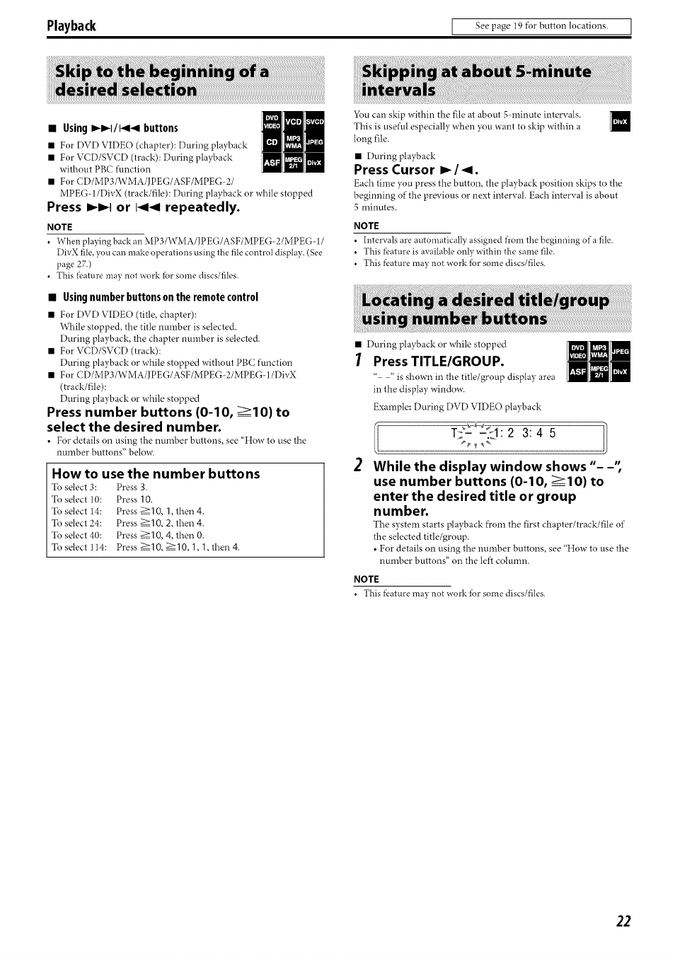 Skip to the beginning of a desired selection, Using buttons, Note | Using number buttons on the remote controi, Skipping at about 5-minute intervals, Press or repeatedly, How to use the number buttons, Press cursor, Press title/group | JVC SP-PWC60 User Manual | Page 25 / 48