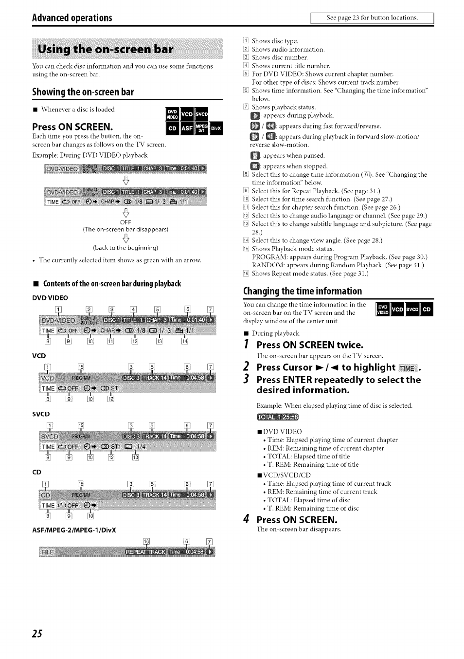 Using the on-screen bar, Press on screen, Contents of the on-screen bar during playback | 1 press on screen twice, 2 press cursor ►/◄ to highlight tíme, 4 press on screen, Press on screen twice, Press cursor ►/◄ to highlight | JVC SP-PWC60 User Manual | Page 28 / 48