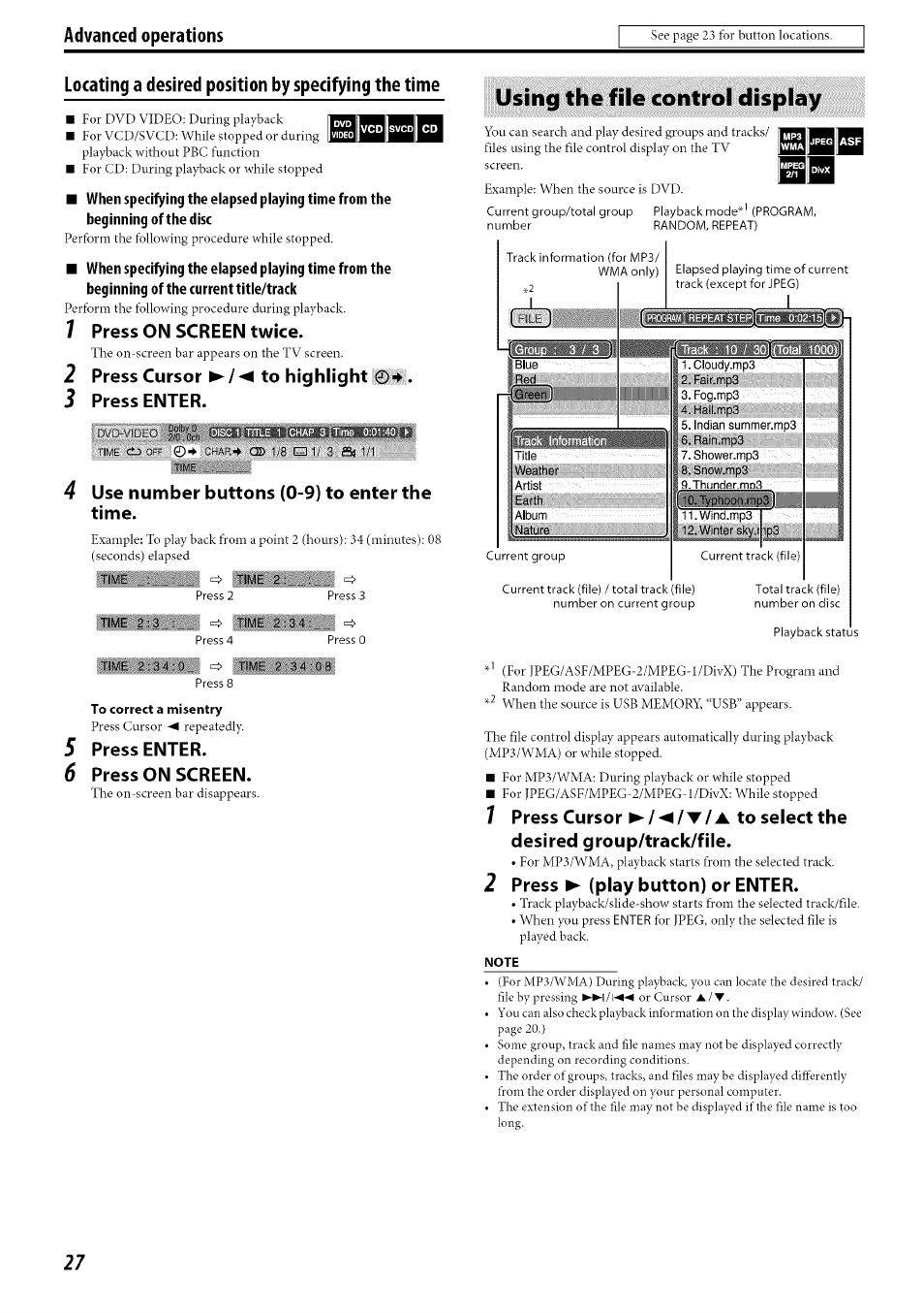 Locating a desired position by specifying the time, 7 press on screen twice, 2 press cursor ►/◄ to highlight | 3 press enter, 4 use number buttons (0-9) to enter the time, 5 press enter, 6 press on screen, Using the file control display, 2 press ► (play button) or enter, Note | JVC SP-PWC60 User Manual | Page 30 / 48