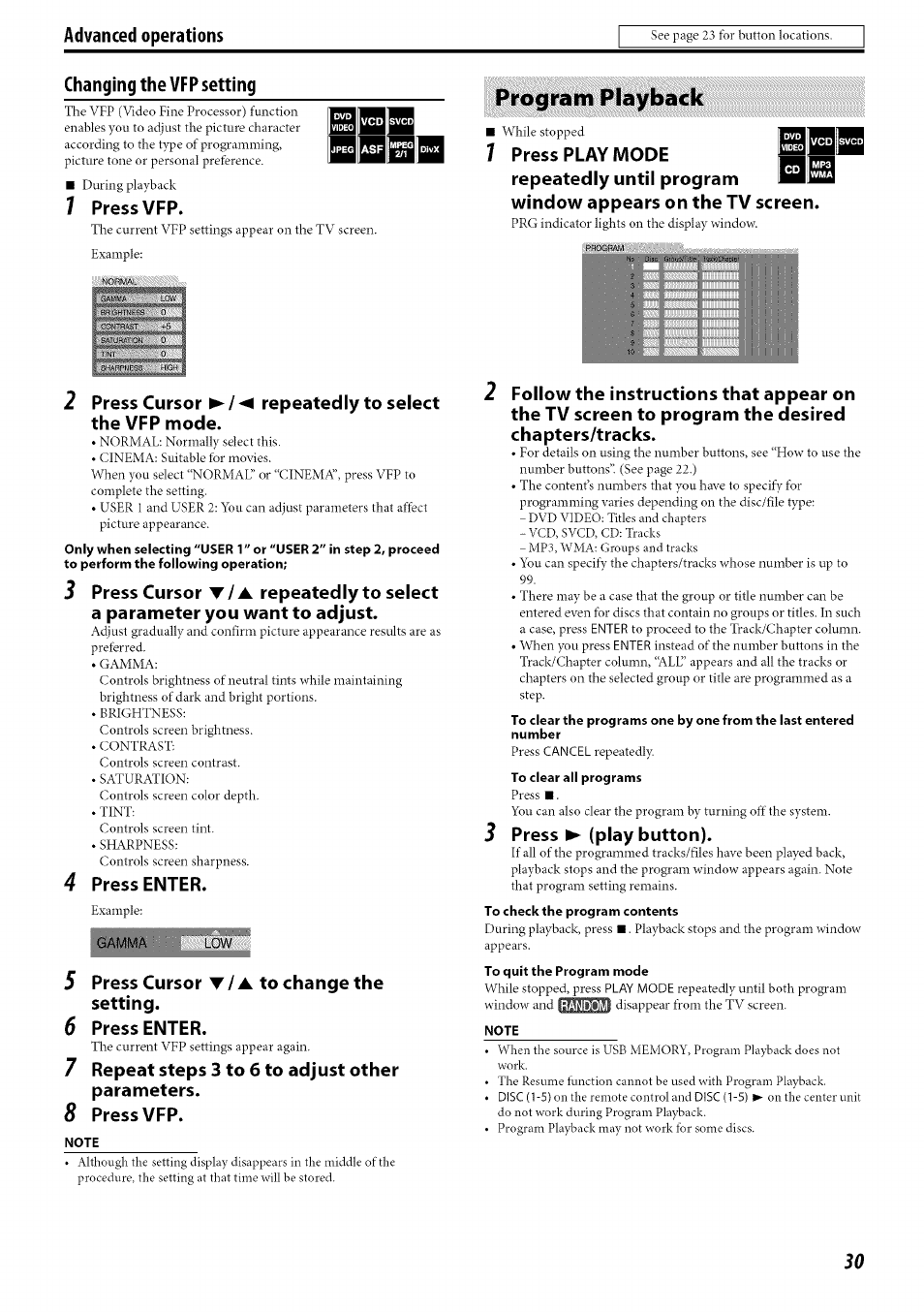 Changing the vfp setting, Note, Program playback | Press vfp, Press cursor, Press enter, Setting. press enter, Repeat steps 3 to 6 to adjust other parameters, Press, Play button) | JVC SP-PWC60 User Manual | Page 33 / 48