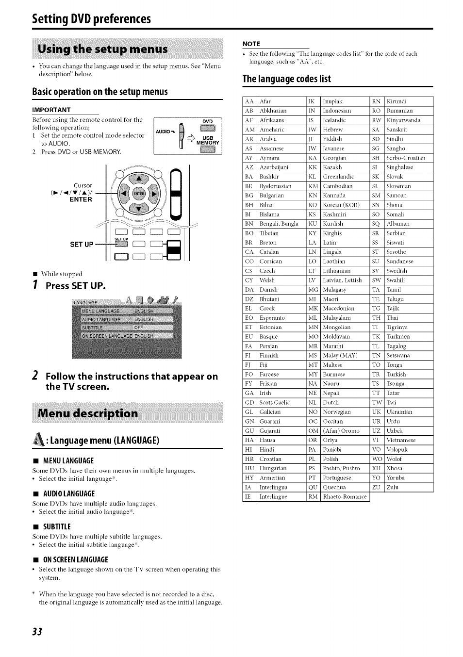 Setting dvd preferences, Using the setup menus, Note | Basic operation on the setup menus, Important, 7 press set up, Menu description, I\: language menu (language), Menu language, Audio language | JVC SP-PWC60 User Manual | Page 36 / 48