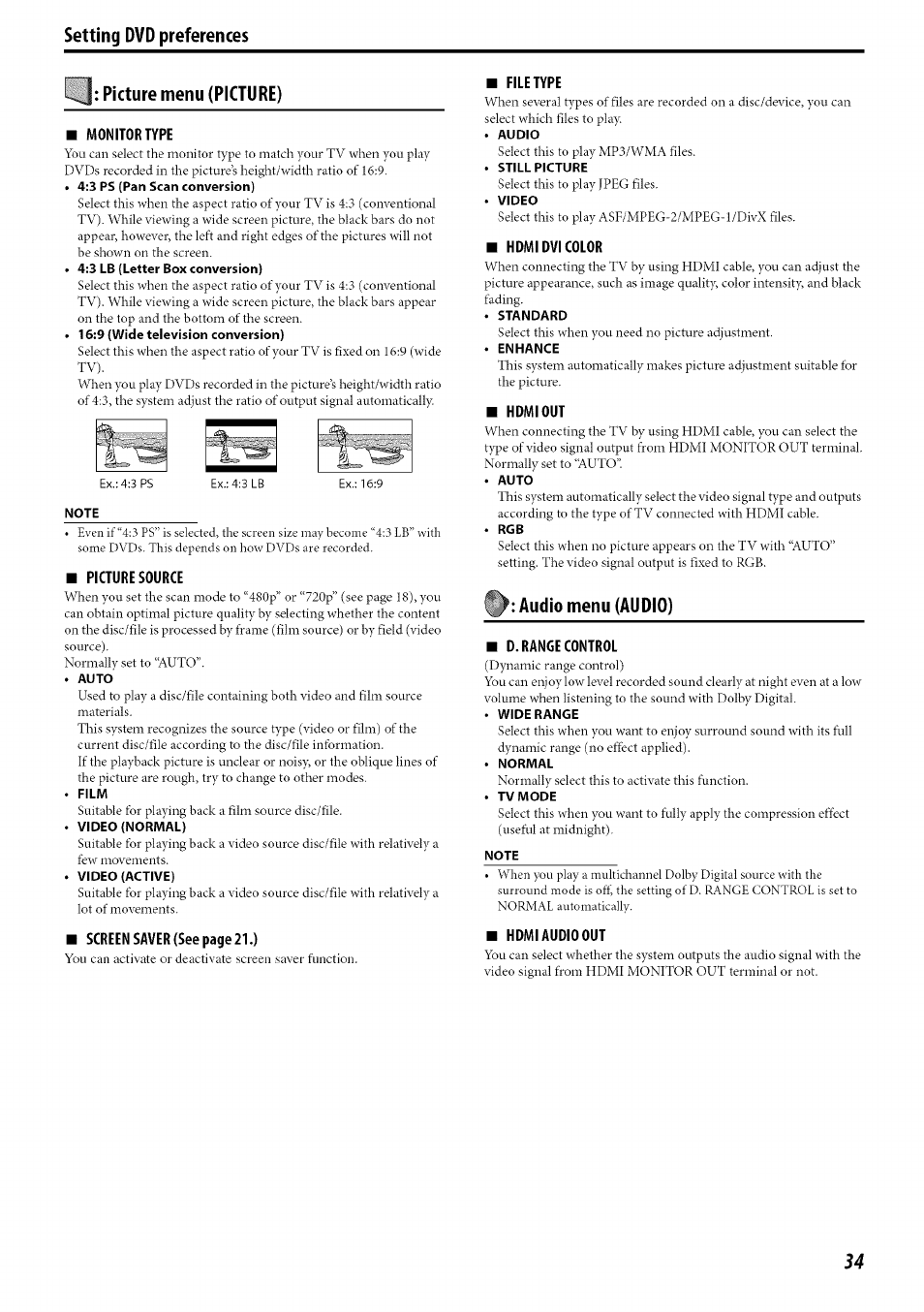 Picture menu (picture), Monitor type, Note | Picture source, Auto, Film, Video (normal), Video (active), File type, Audio | JVC SP-PWC60 User Manual | Page 37 / 48