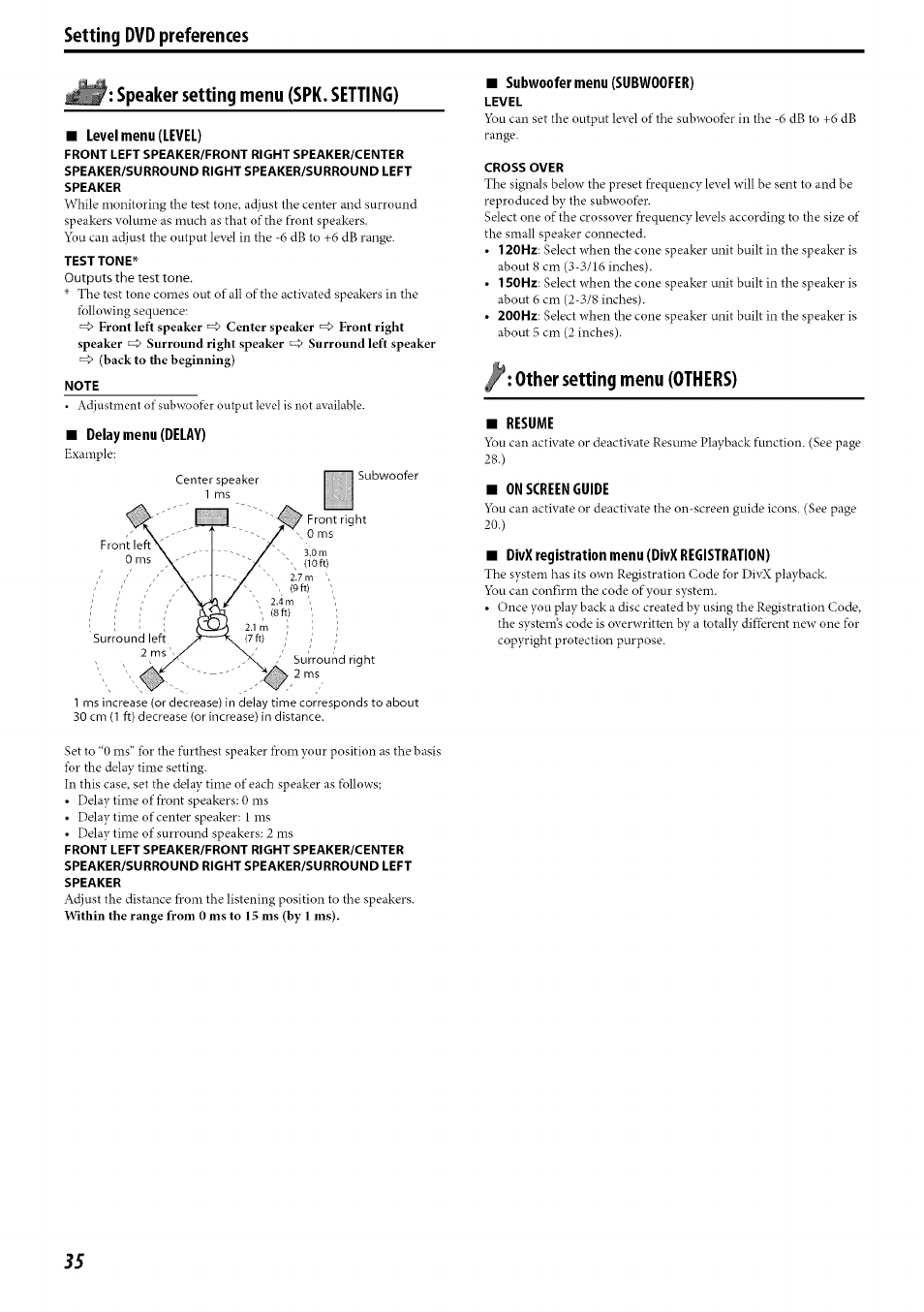 Speaker setting menu (spk. setting), Level menu (level), Test tone | Note, I delay menu (delay), Subwoofer menu (subwoofer), Level, Cross over, Other setting menu (others), Resume | JVC SP-PWC60 User Manual | Page 38 / 48