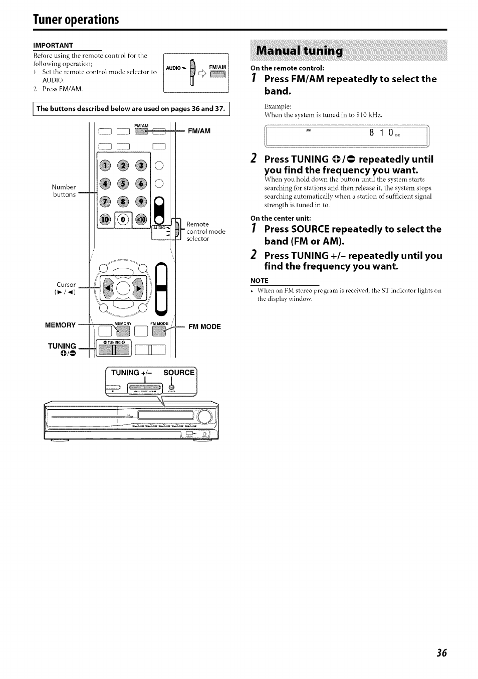 Tuner operations, Important, Manual tuning | On the remote control, 1 press fm/am repeatedly to select the band, On the center unit, Press fm/am repeatedly to select the band | JVC SP-PWC60 User Manual | Page 39 / 48