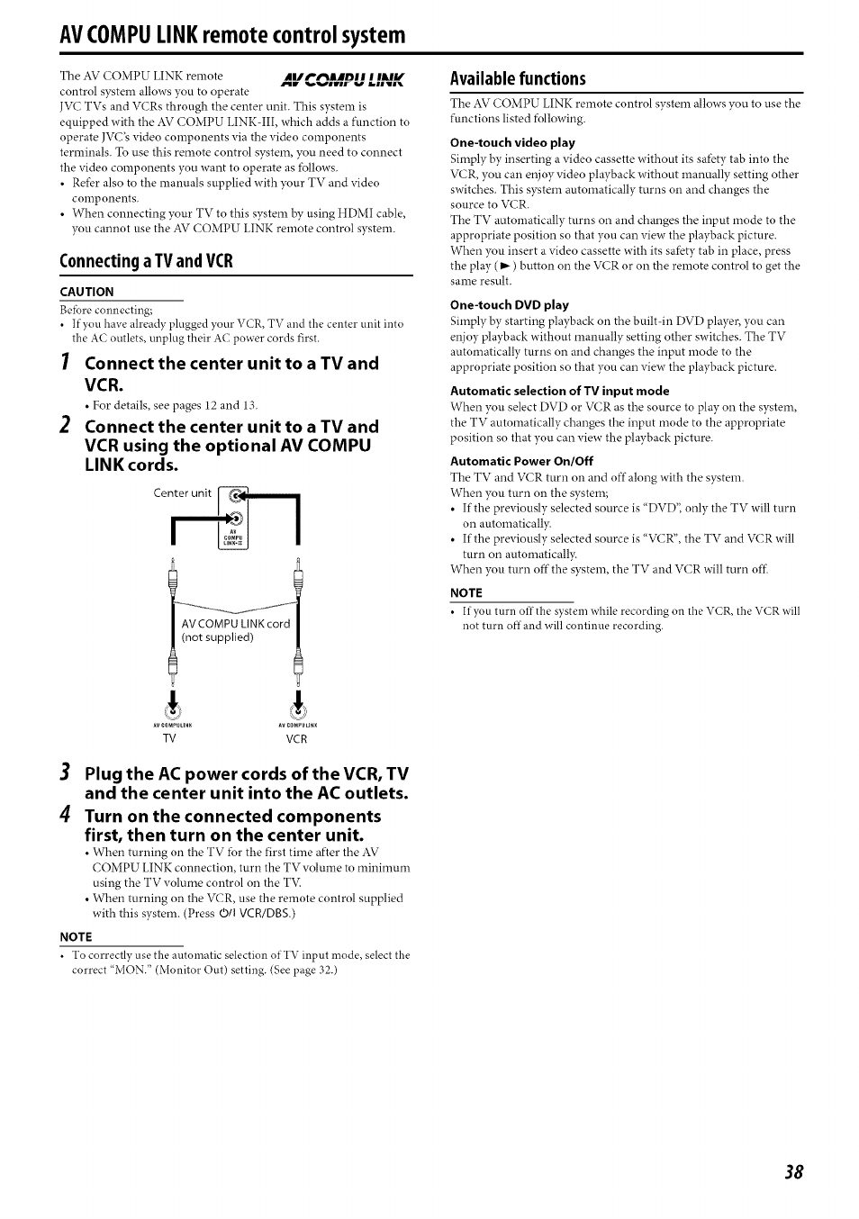 Av compii link remote control system, Available functions, Connecting a tv and vcr | Caution, Automatic power on/off, Note, Connect the center unit to a tv and vcr | JVC SP-PWC60 User Manual | Page 41 / 48