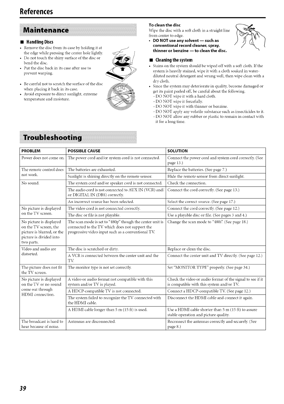 References, To clean the disc, I cleaning the system | Troubleshooting, Maintenance | JVC SP-PWC60 User Manual | Page 42 / 48
