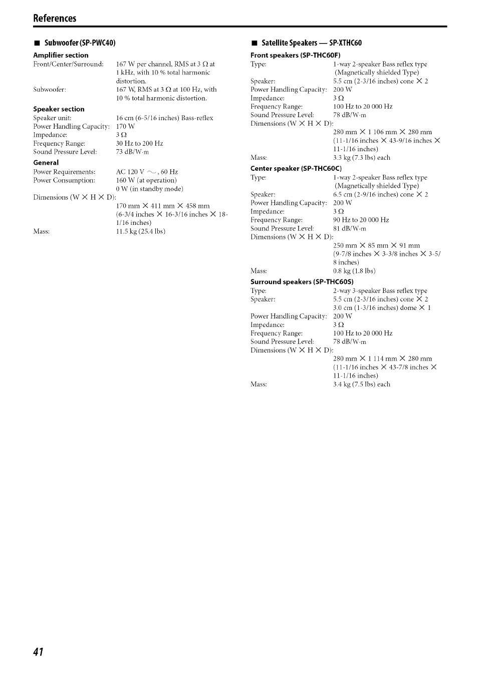 Subwoofer (sp-pwc40), Satellite speakers — sp-xthc60, Speaker section | Surround speakers (5p-thc60s) | JVC SP-PWC60 User Manual | Page 44 / 48
