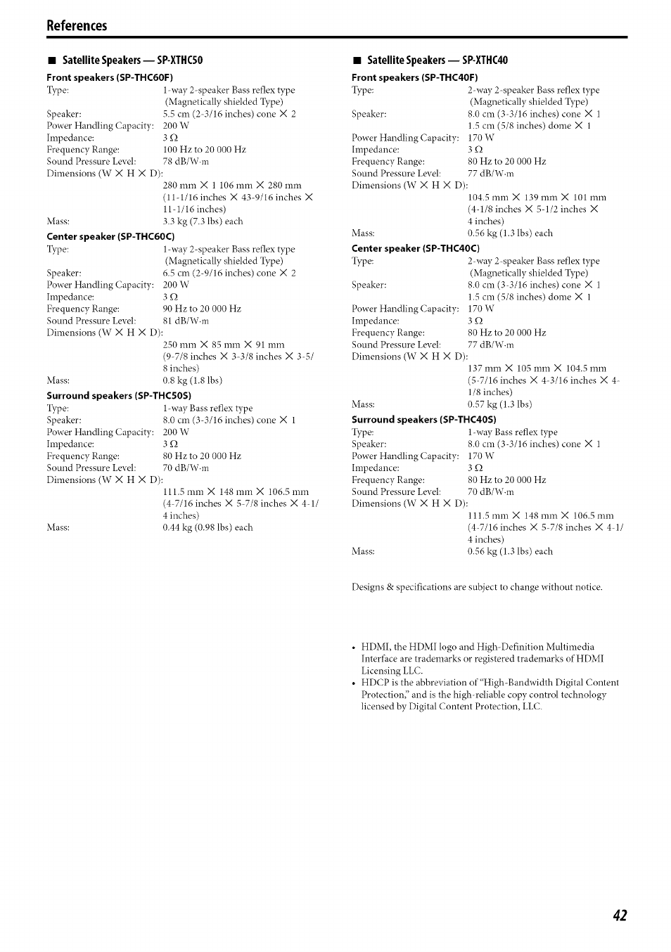 Satellite speakers —sp-xthc50, Satellite speakers —sp-xthc40 | JVC SP-PWC60 User Manual | Page 45 / 48