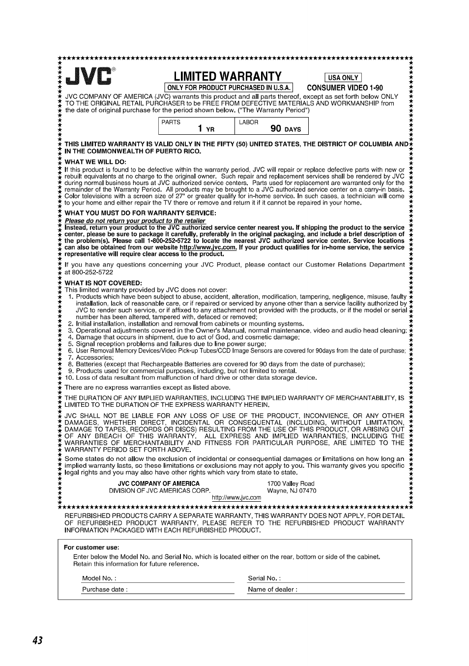 Consumer video 1-90, Limited warranty | JVC SP-PWC60 User Manual | Page 46 / 48