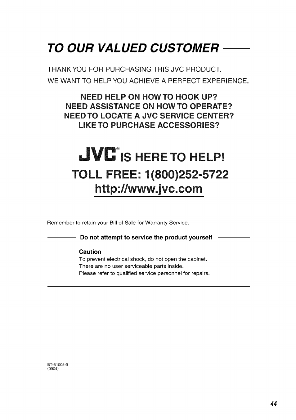 To our valued customer | JVC SP-PWC60 User Manual | Page 47 / 48