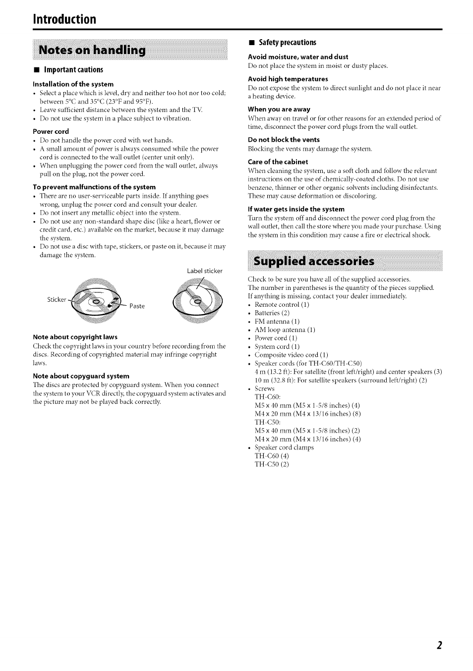 Introduction, Notes on handling, Important cautions | Installation of the system, Power cord, Note about copyright laws, Safety precautions, Avoid moisture, water and dust, Avoid high temperatures, Do not block the vents | JVC SP-PWC60 User Manual | Page 5 / 48