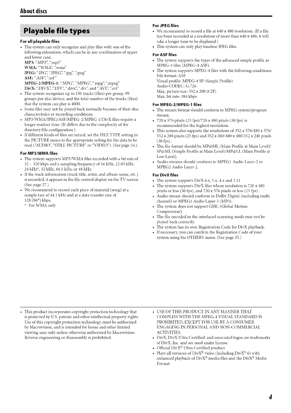 Playable file types, For all playable files, For mp3/wma files | For jpeg files, For asf files, For mpeg-2/mpeg-1 files, For divx files, About discs | JVC SP-PWC60 User Manual | Page 7 / 48