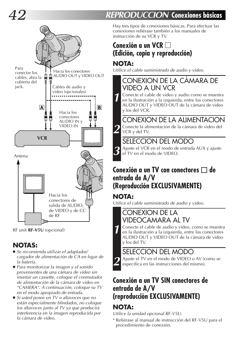 Reproduccion, Conexión a un vcr, Edición, copia y reproducción) | Conexión a un tv con conectores, De entrada de a/v (reproducción exclusivamente), Conexiones básicas | JVC GR-AXM77UM User Manual | Page 102 / 182