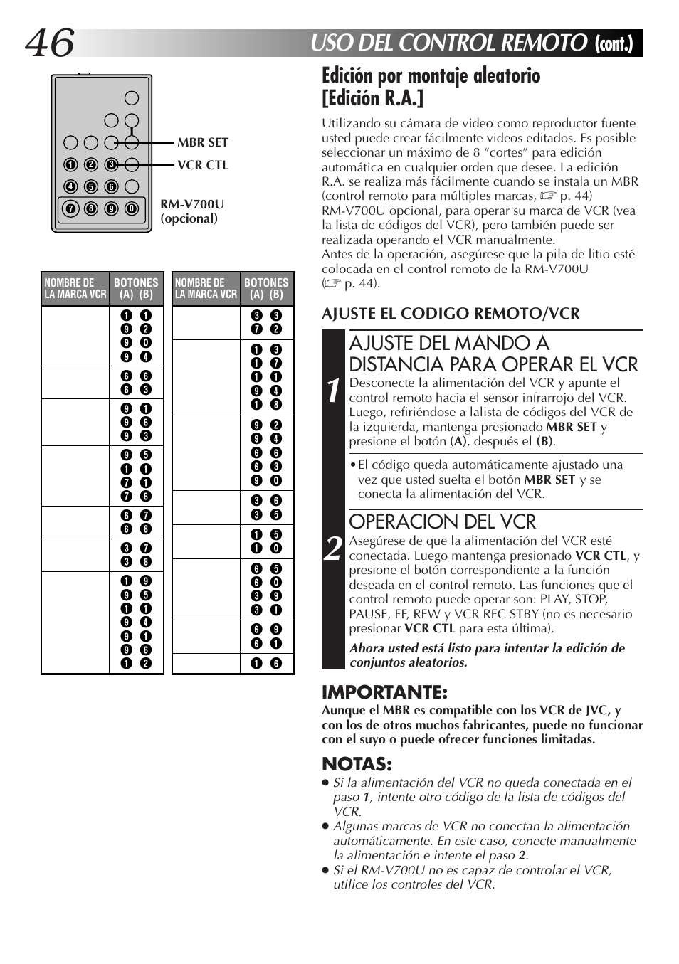 Uso del control remoto, Cont.) edición por montaje aleatorio [edición r.a, Ajuste del mando a distancia para operar el vcr | Operacion del vcr, Importante, Notas, Ajuste el codigo remoto/vcr | JVC GR-AXM77UM User Manual | Page 106 / 182