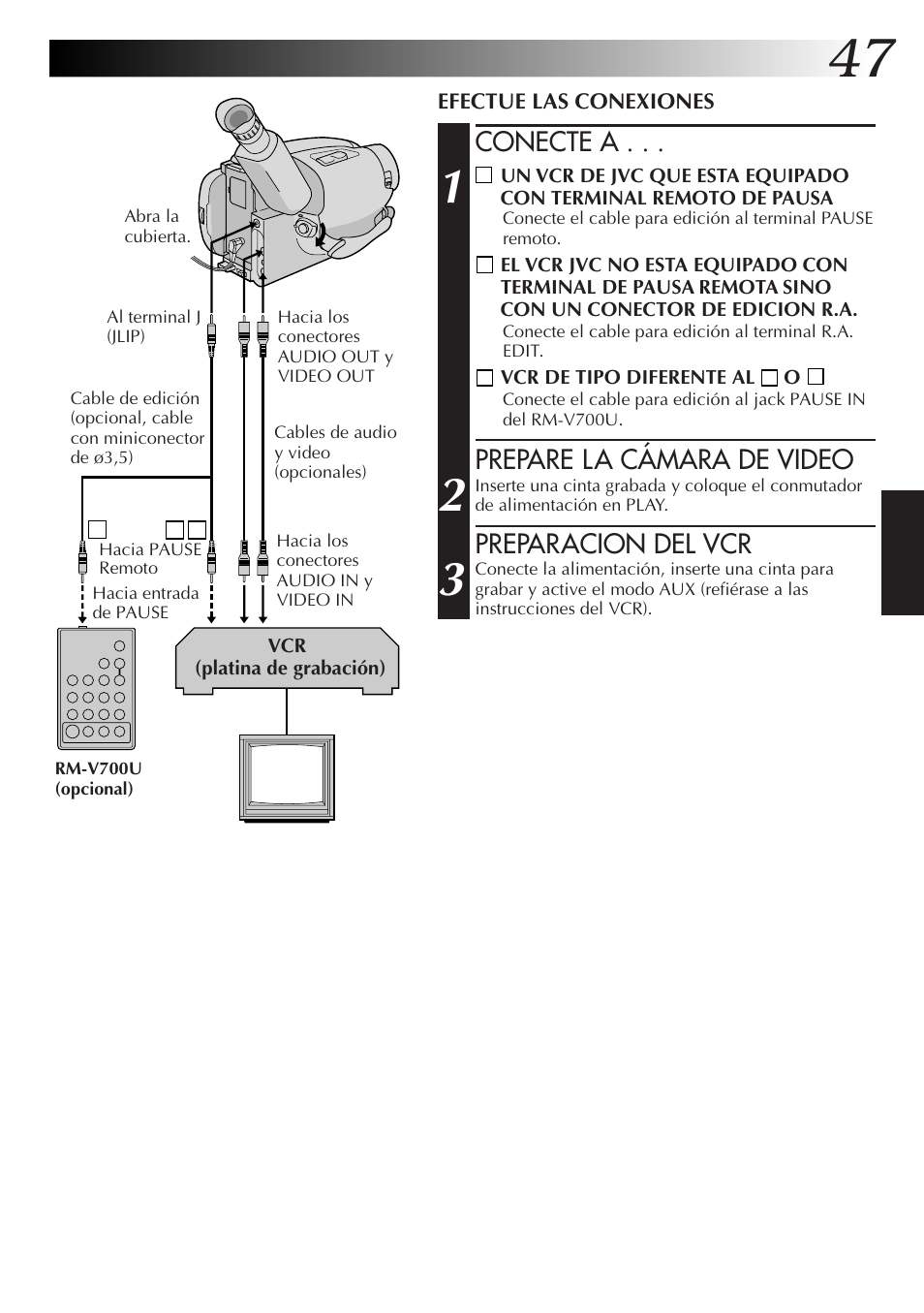 Conecte a, Prepare la cámara de video, Preparacion del vcr | JVC GR-AXM77UM User Manual | Page 107 / 182