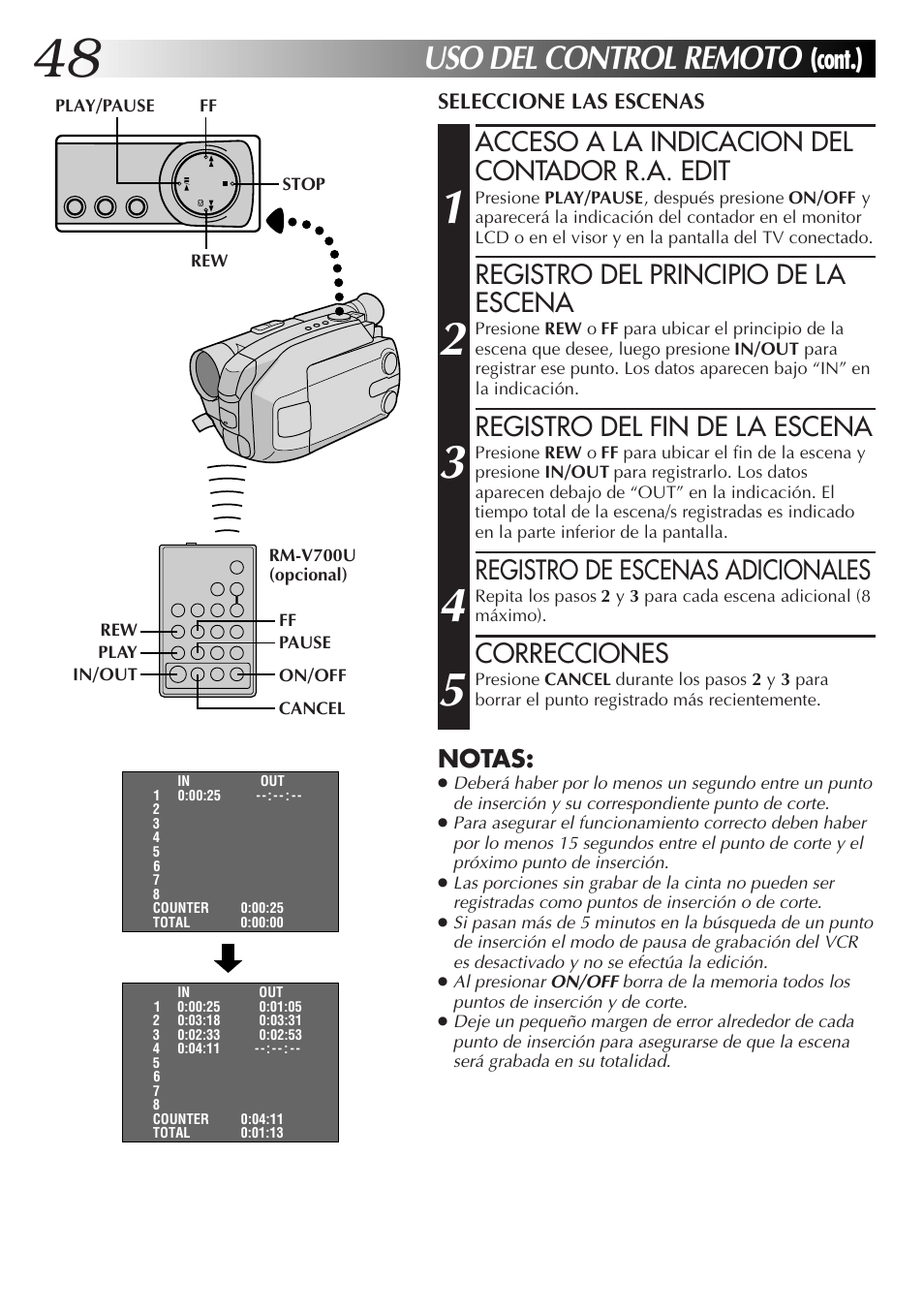 Uso del control remoto, Cont.), Acceso a la indicacion del contador r.a. edit | Registro del principio de la escena, Registro del fin de la escena, Registro de escenas adicionales, Correcciones, Notas | JVC GR-AXM77UM User Manual | Page 108 / 182