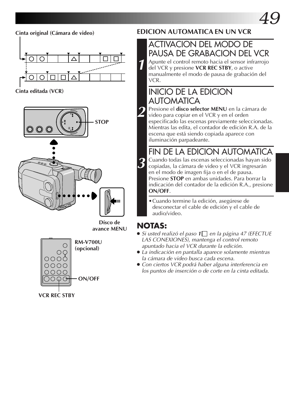 Activacion del modo de pausa de grabacion del vcr, Inicio de la edicion automatica, Fin de la edicion automatica | JVC GR-AXM77UM User Manual | Page 109 / 182
