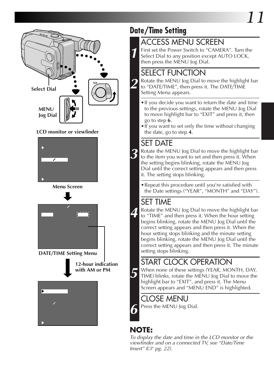 Date/time setting, Access menu screen, Select function | Set date, Set time, Start clock operation, Close menu | JVC GR-AXM77UM User Manual | Page 11 / 182