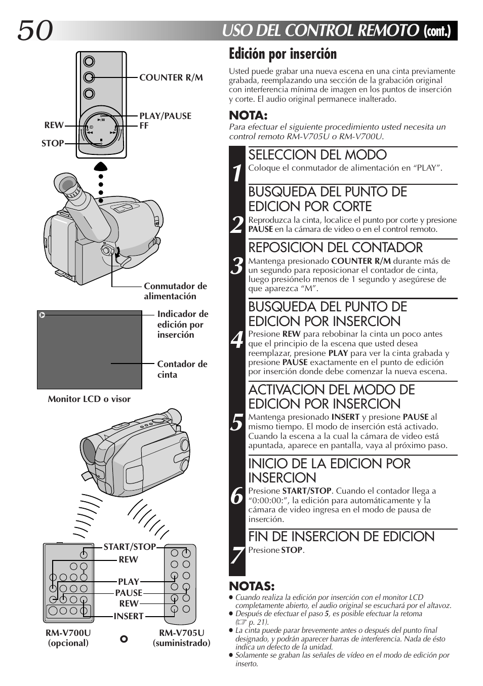 Uso del control remoto, Cont.) edición por inserción | JVC GR-AXM77UM User Manual | Page 110 / 182