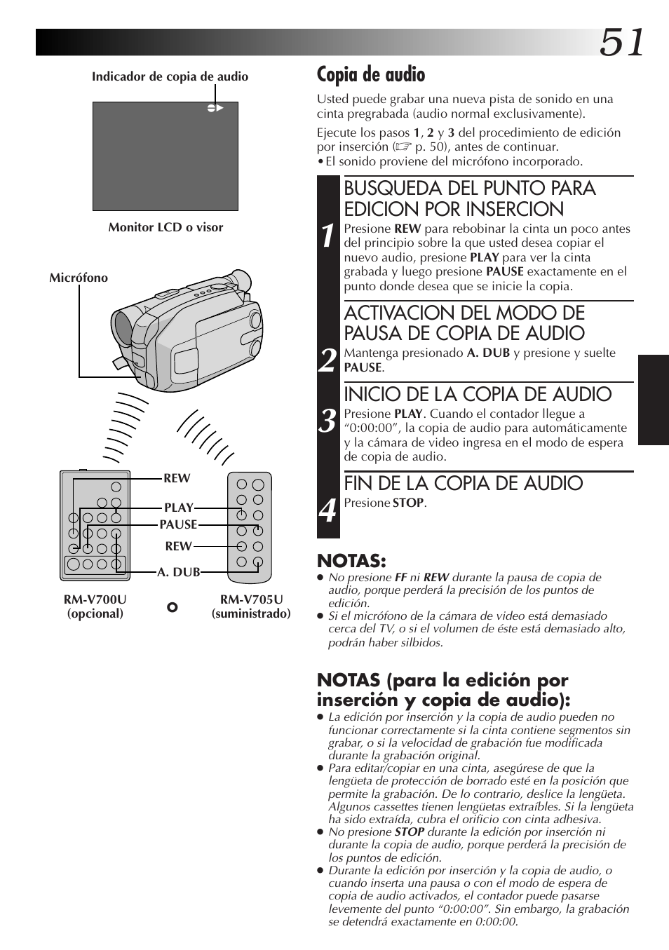 Copia de audio, Busqueda del punto para edicion por insercion, Activacion del modo de pausa de copia de audio | Inicio de l a copia de audio, Fin de la copia de audio | JVC GR-AXM77UM User Manual | Page 111 / 182