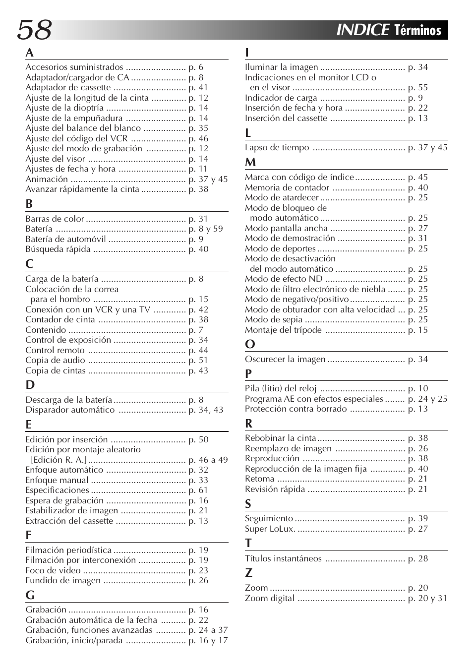 Indice, Términos | JVC GR-AXM77UM User Manual | Page 118 / 182