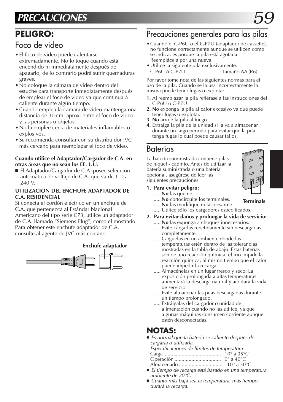 Precauciones, Precauciones generales para las pilas, Baterías | Peligro: foco de video, Notas | JVC GR-AXM77UM User Manual | Page 119 / 182