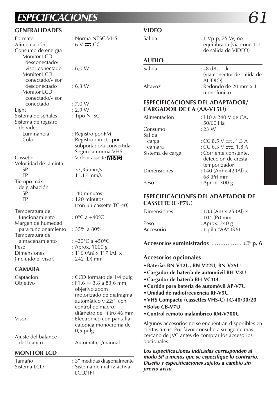 Especificaciones | JVC GR-AXM77UM User Manual | Page 121 / 182