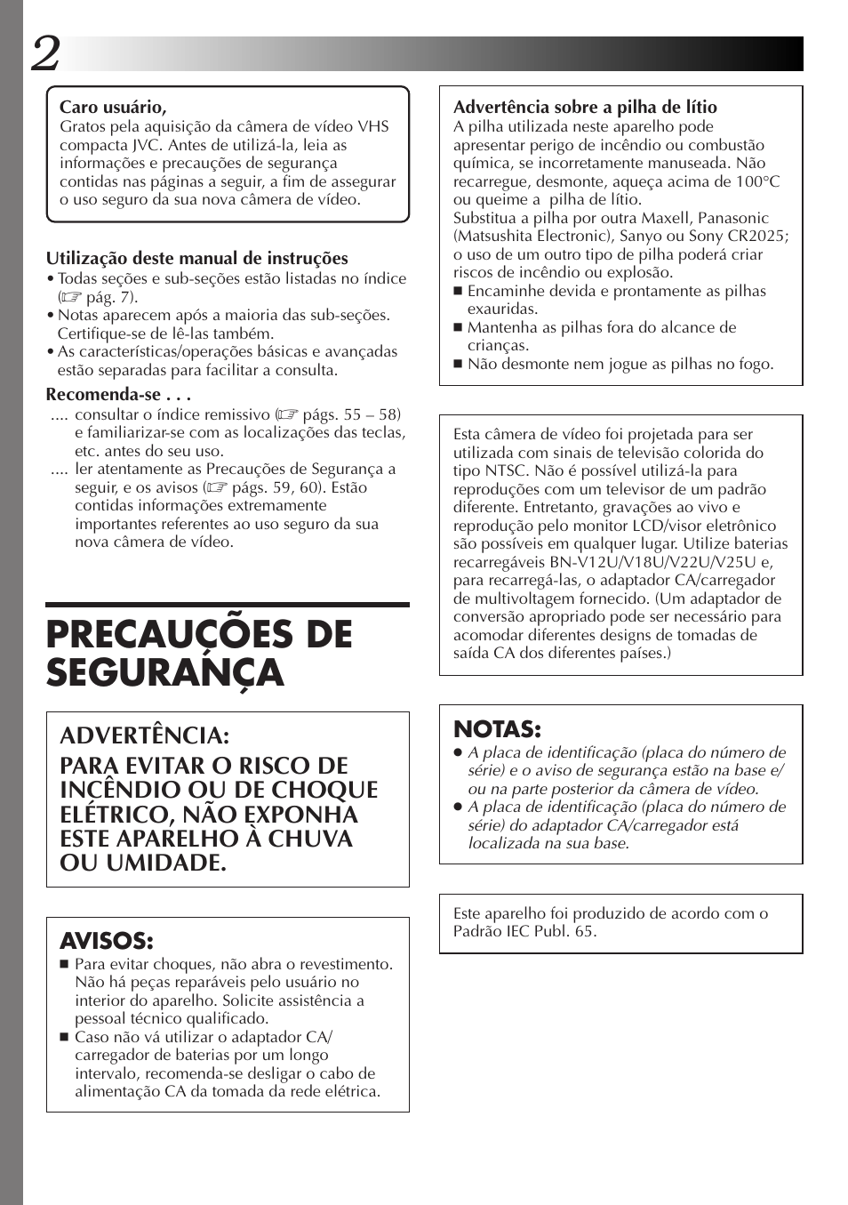 Precauções de segurança, Notas, Avisos | JVC GR-AXM77UM User Manual | Page 122 / 182