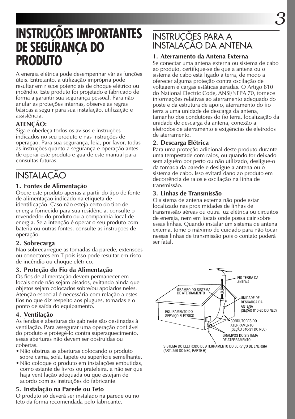 Instruções importantes de segurança do produto, Instalação, Instruções para a instalação da antena | JVC GR-AXM77UM User Manual | Page 123 / 182