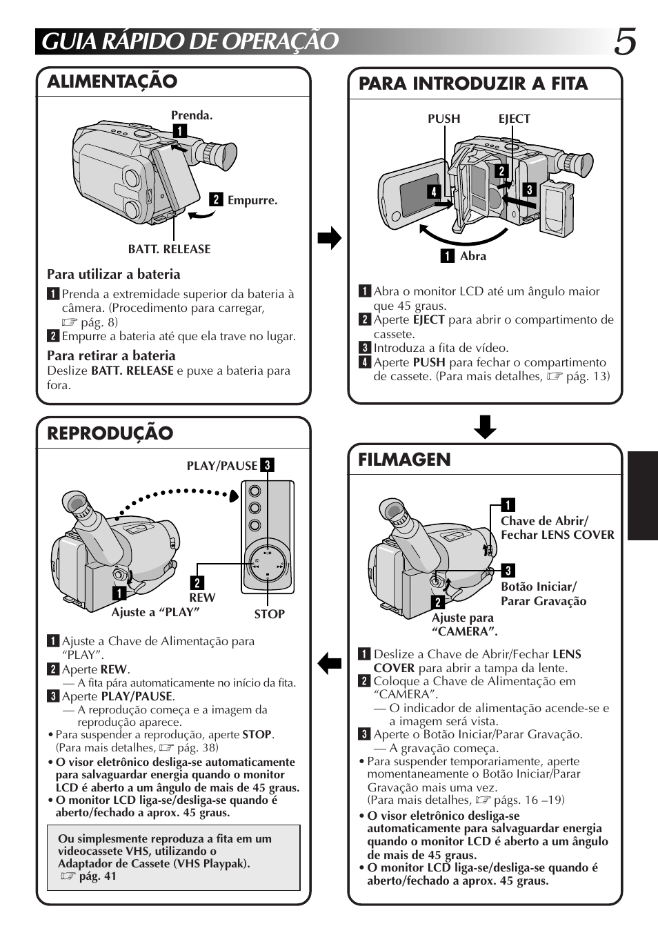 Guia rápido de operação, Para introduzir a fita, Alimentação reprodução filmagen | JVC GR-AXM77UM User Manual | Page 125 / 182