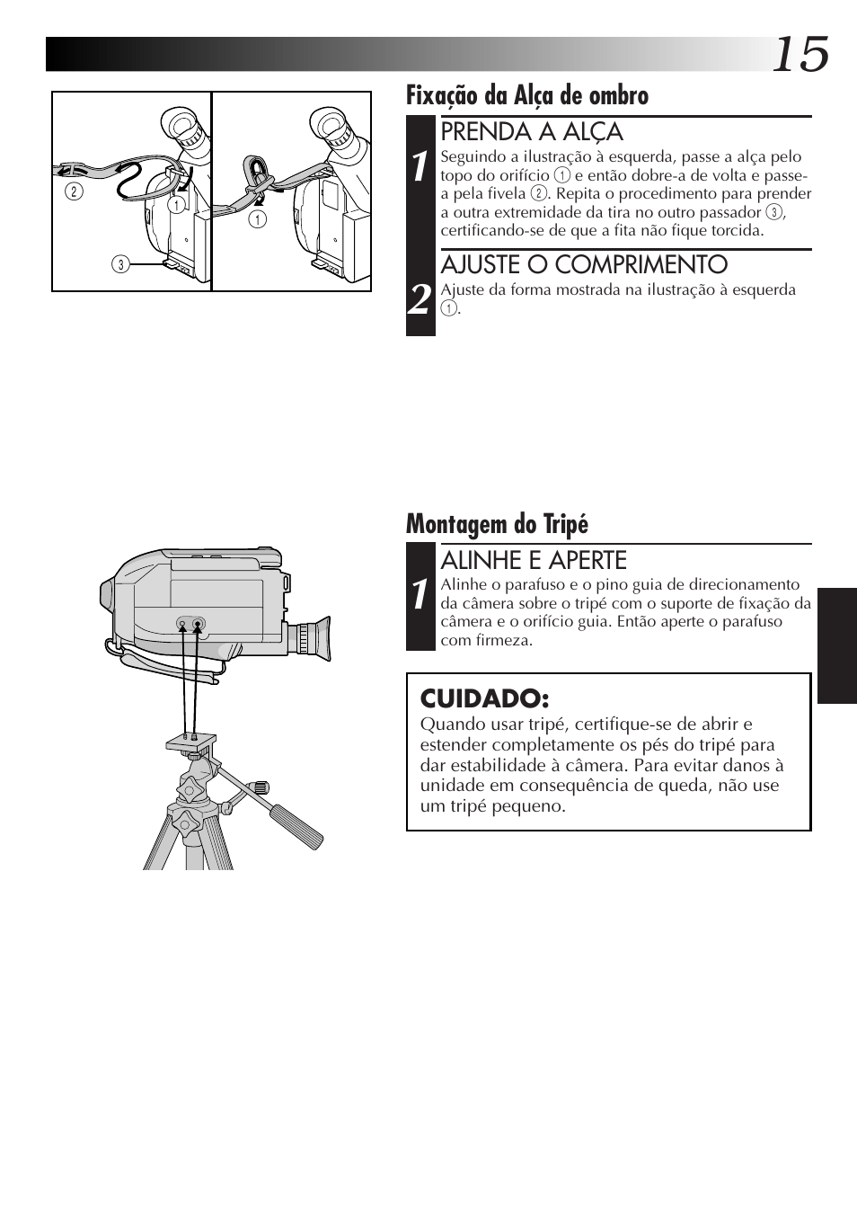 Montagem do tripé, Fixação da alça de ombro | JVC GR-AXM77UM User Manual | Page 135 / 182