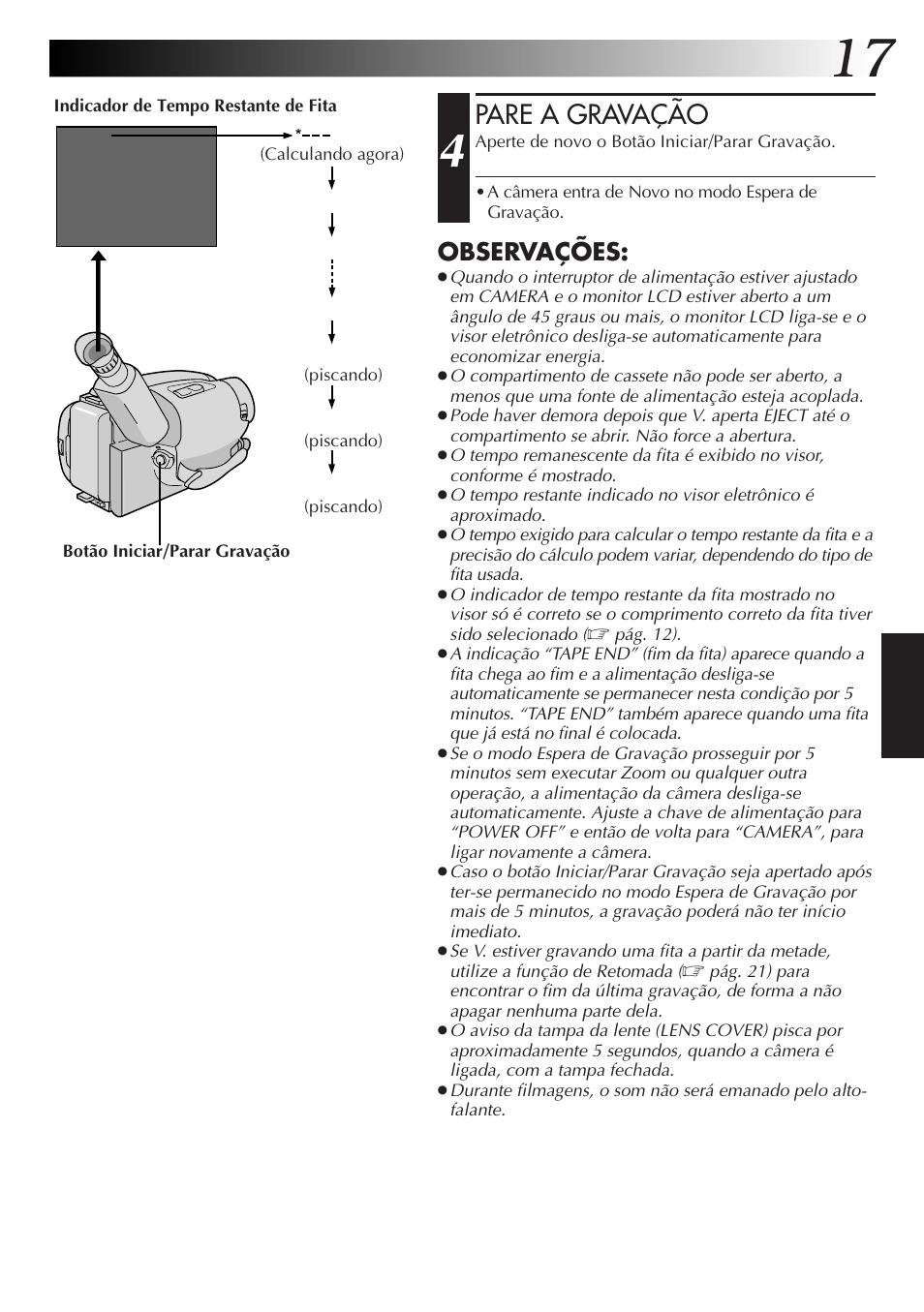 Pare a gravação, Observações | JVC GR-AXM77UM User Manual | Page 137 / 182