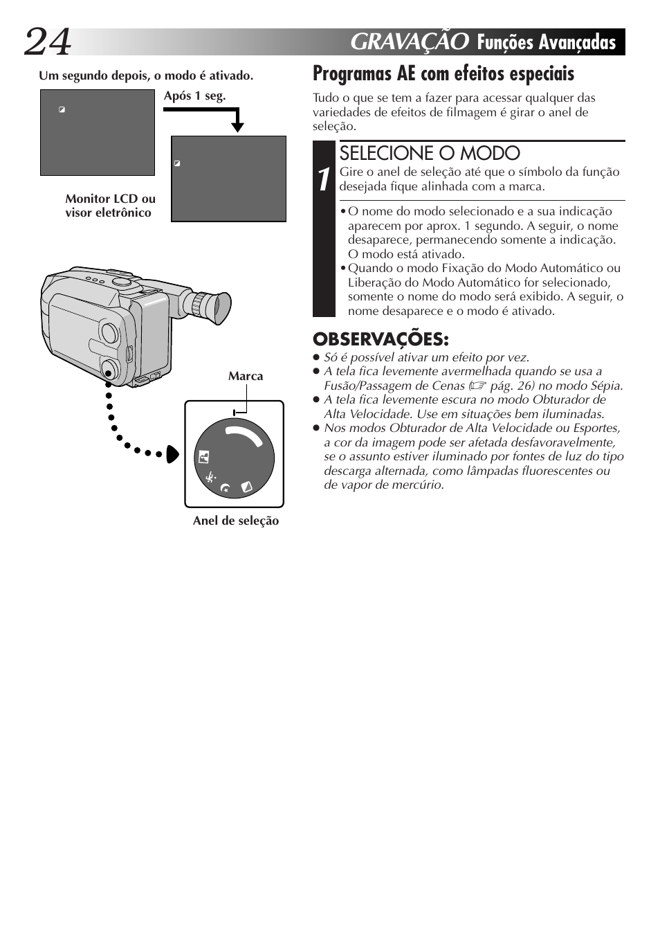 Gravação, Funções avançadas, Programas ae com efeitos especiais | Selecione o modo, Observações | JVC GR-AXM77UM User Manual | Page 144 / 182